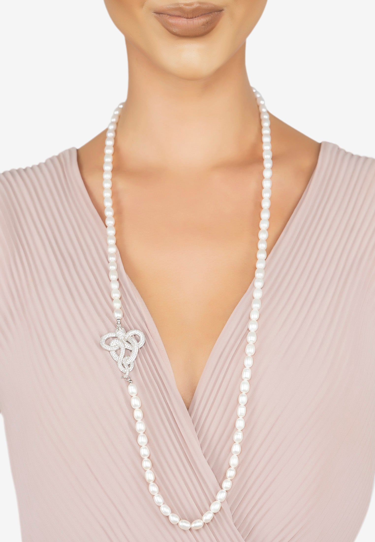 Viper Snake Pearl Gemstone Long Necklace Silver White Cz