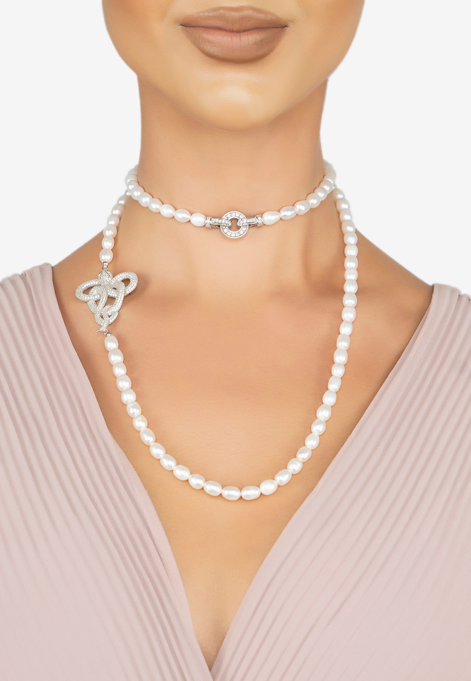 Viper Snake Pearl Gemstone Long Necklace Silver White Cz