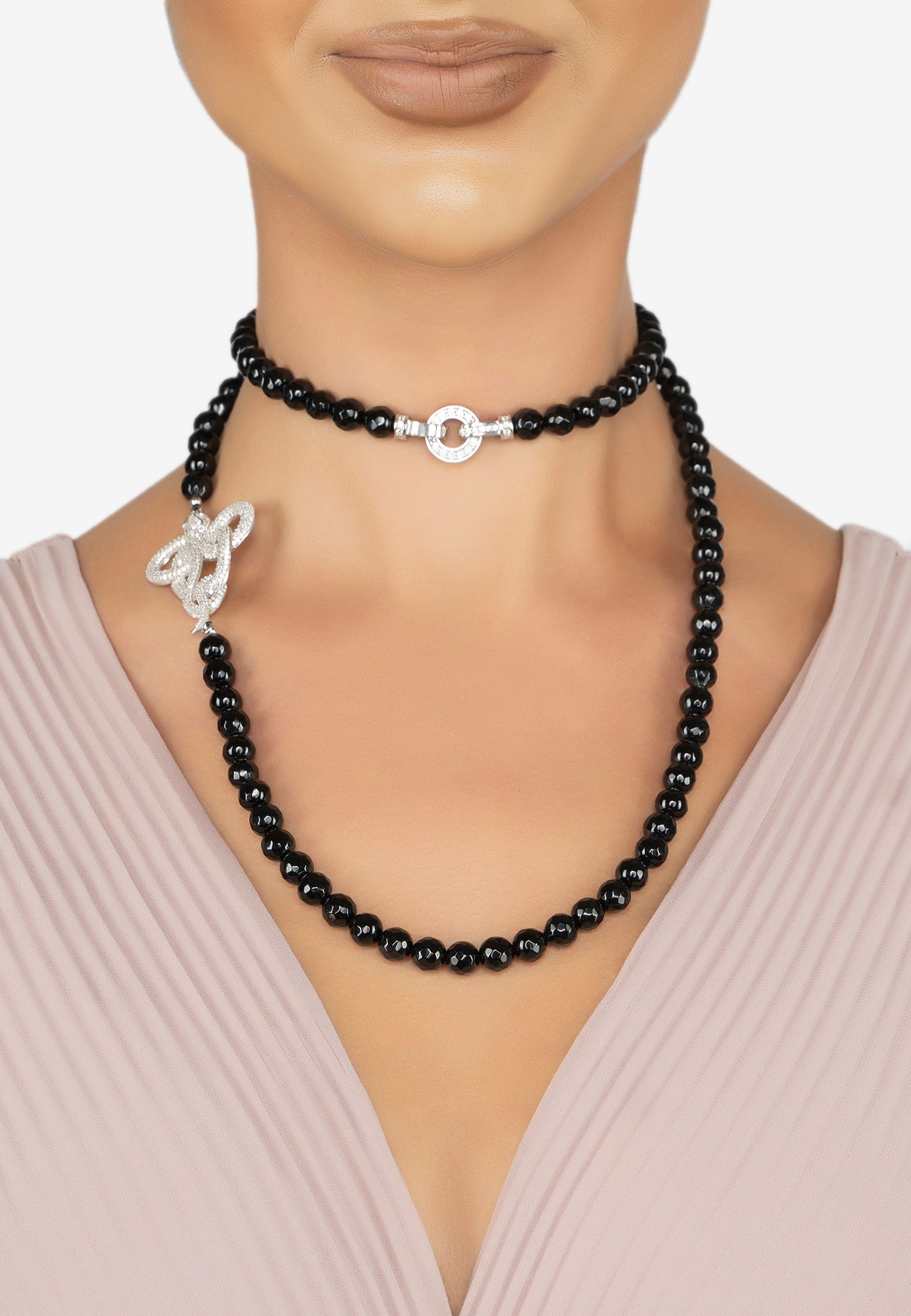 Viper Snake Black Onyx Gemstone Long Necklace Silver White Cz