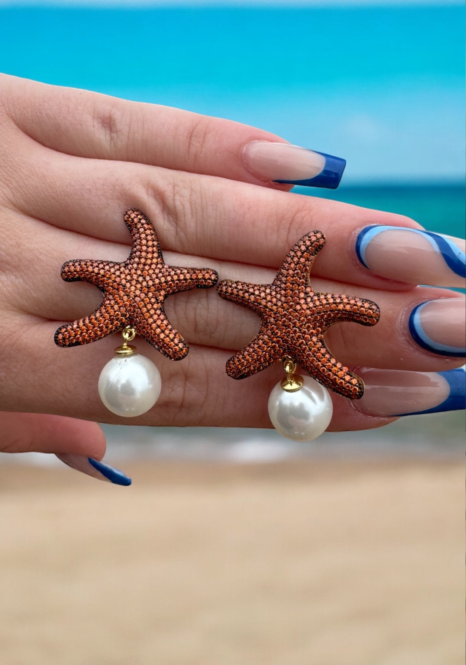 Starfish Pearl Drop Earrings Burnt Orange Gold