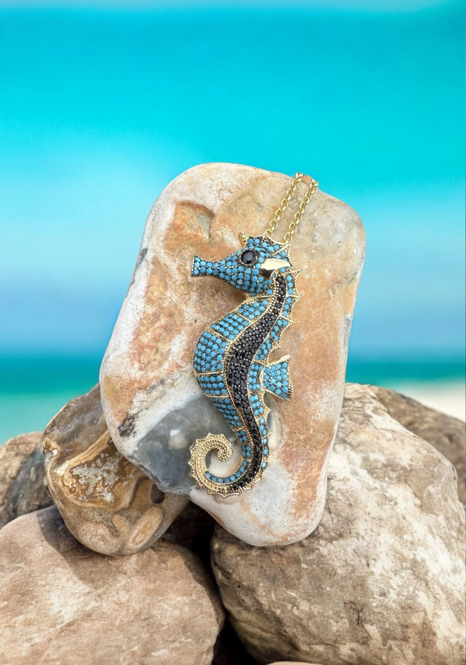 Seahorse Pendant Necklace Gold Turquoise