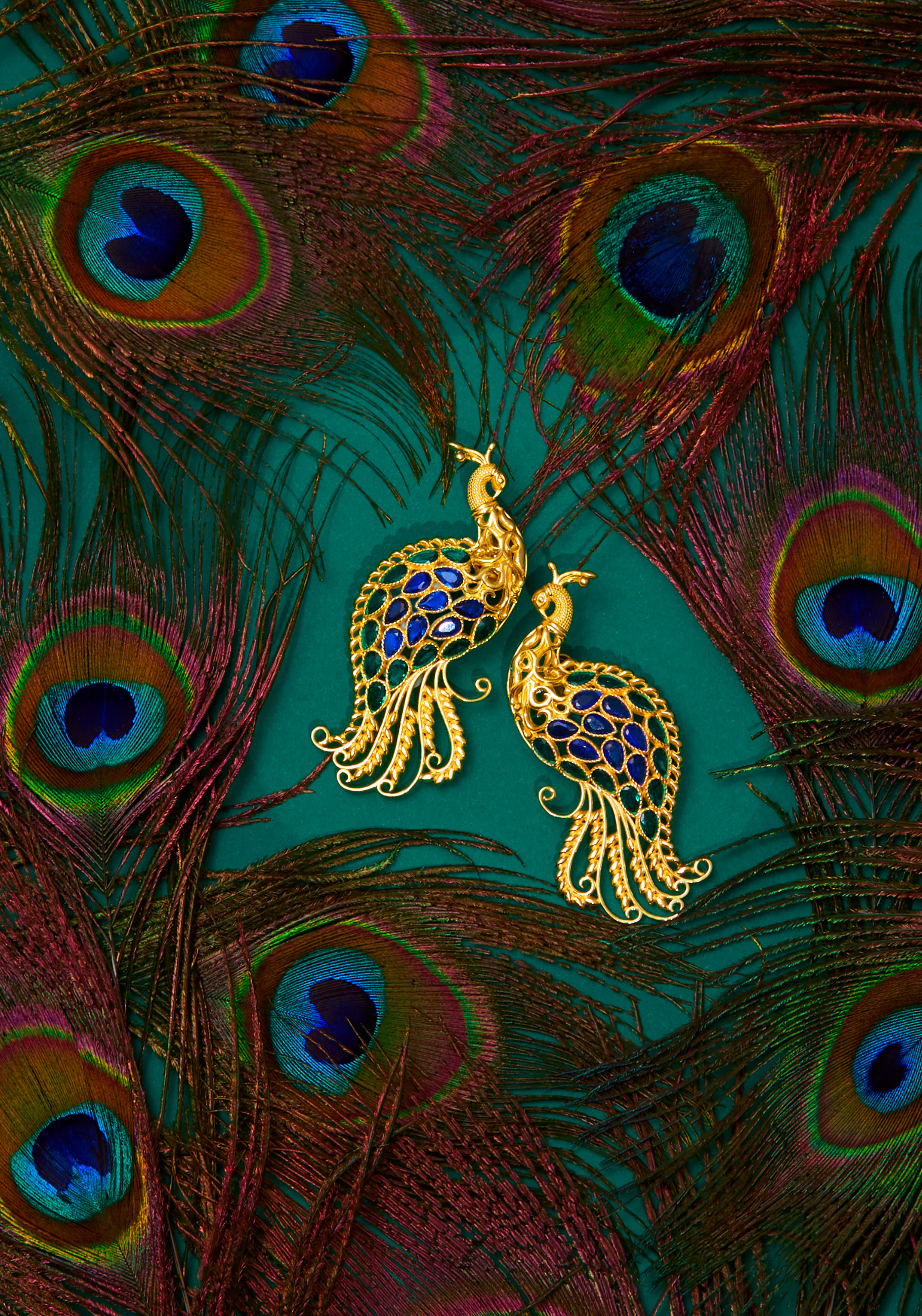 Peacock Train Earrings Gold Blue Green