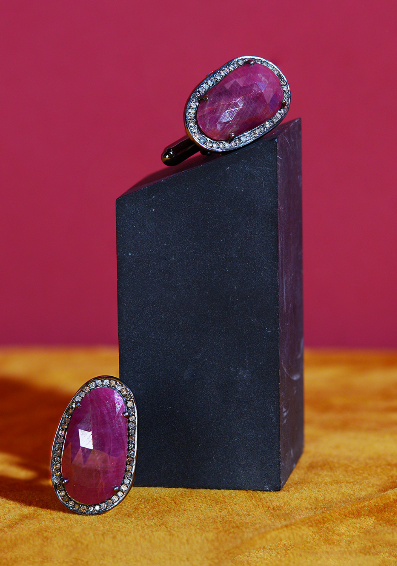 Ruby Cufflink Oxidised Silver Champagne Diamonds