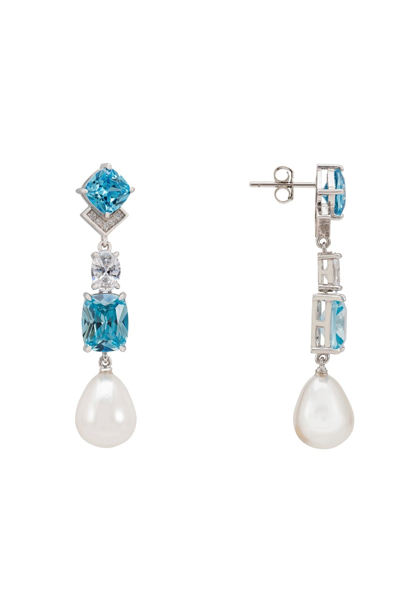 Cordelia Pearl Blue Topaz Long Drop Earrings Silver