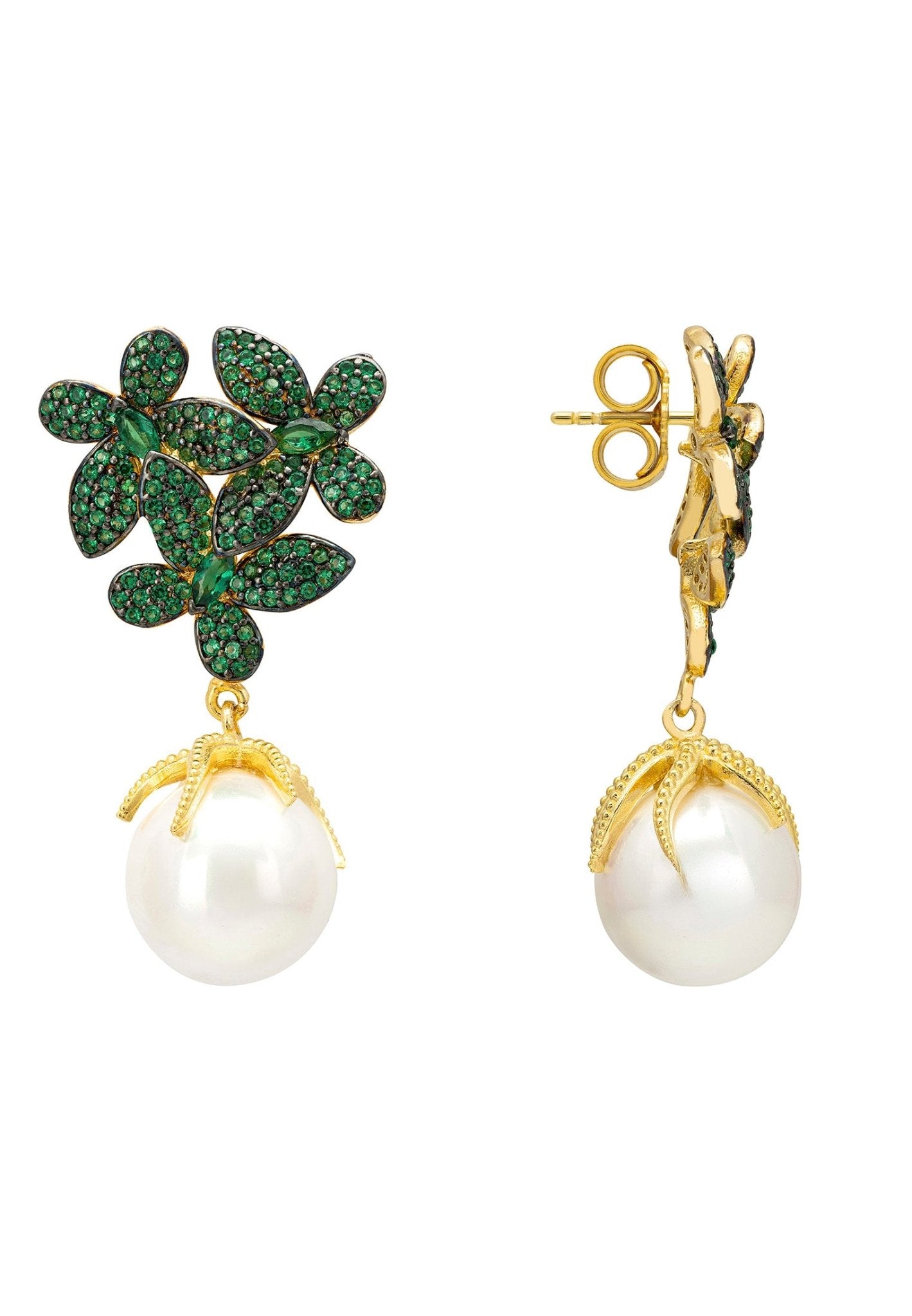 Flowers Baroque Pearl Earrings Emerald Green Gold - LATELITA Earrings