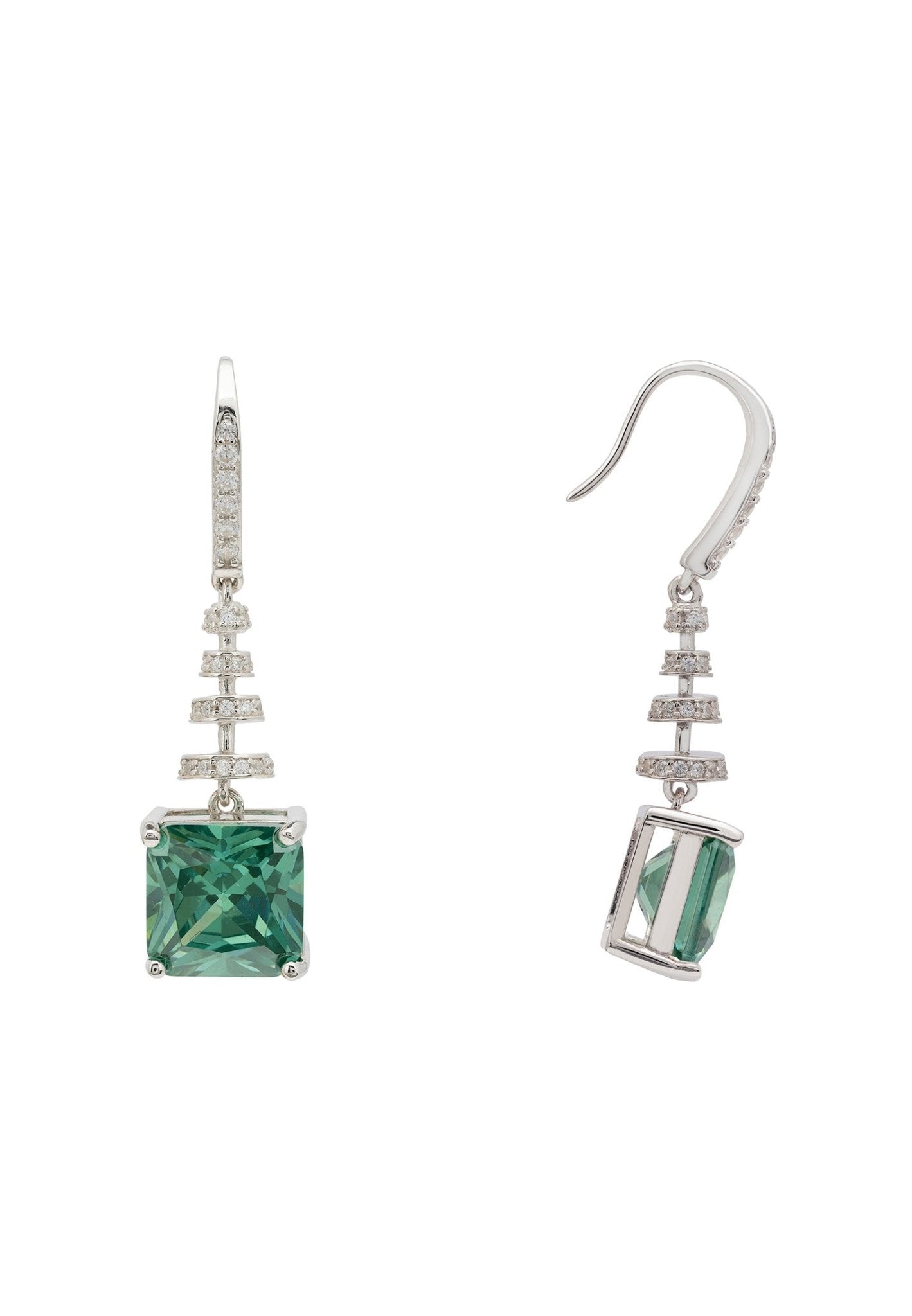 Spiral Square Crystal Drop Earrings Emerald Green Silver