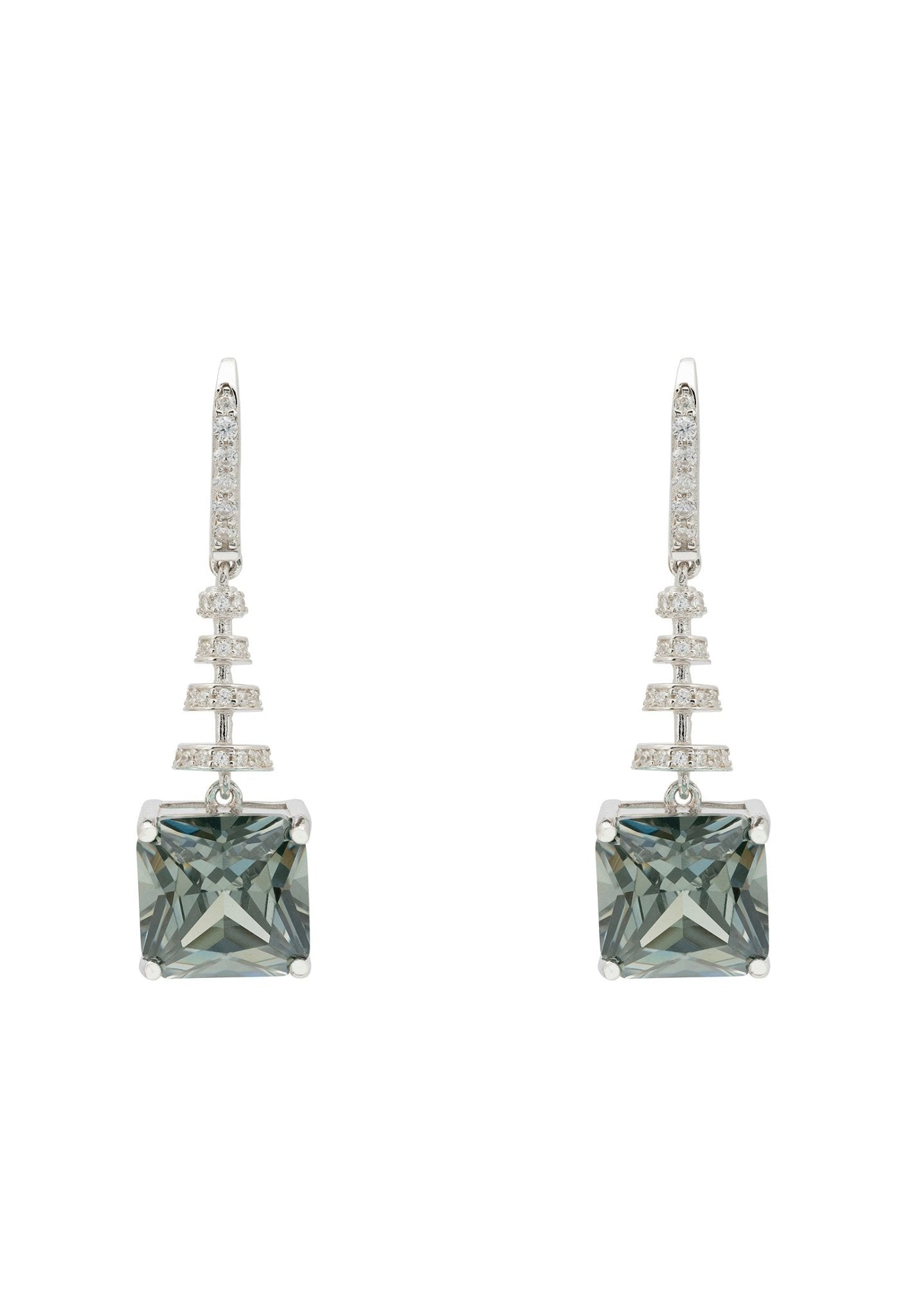 Spiral Square Crystal Drop Earrings Peridot Green Silver - LATELITA Earrings