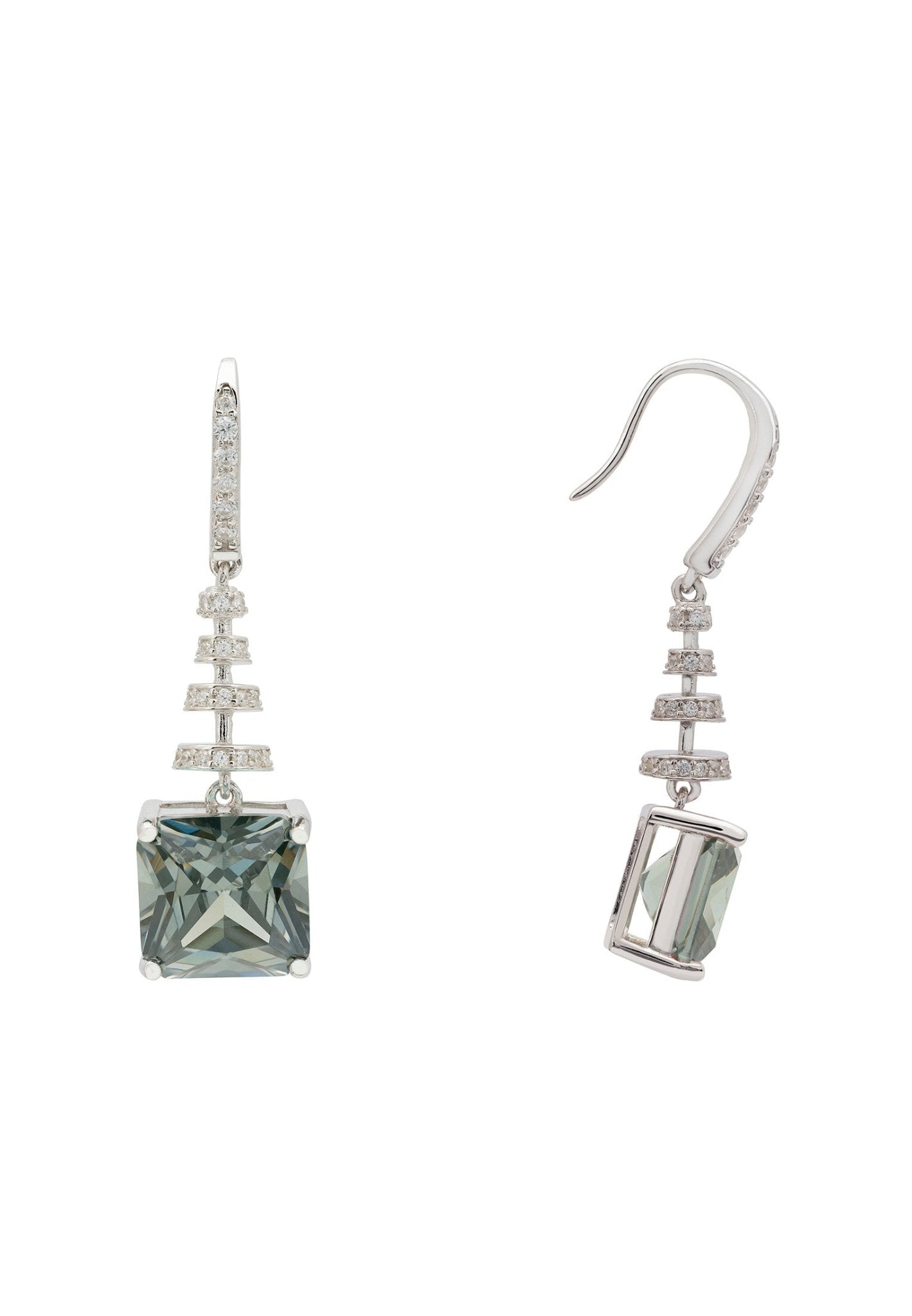 Spiral Square Crystal Drop Earrings Peridot Green Silver - LATELITA Earrings